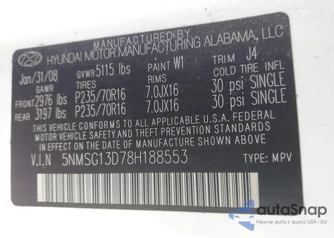 2008 Hyundai Santa Fe Gls z USA, uszkodzony, nr VIN 5NMSG13D78H188553